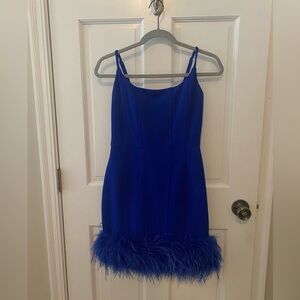 Line and Dot cobalt blue party dress in size S with ostrich feather detail